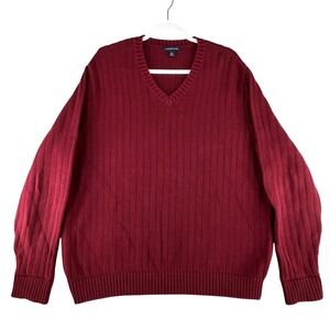 Lands End Burgundy V Neck Ribbed Knit Long Sleeve Sweater Mens X-Large Fisherman